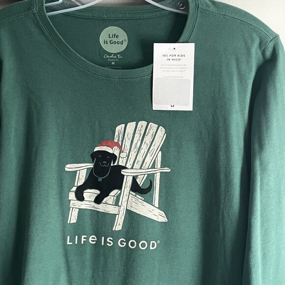 LIFE IS GOOD Black Lab Winter Dog Days Crusher Tee M Green Holiday Santa Hat - Picture 4 of 12